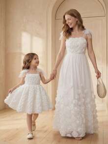 Young Girl 3D Floral Mesh Strap Dress - White - View 9