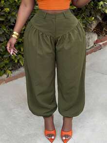Slaydiva Plus Size Summer Olive Green Smart Casual Holiday Women Long Ruched Lantern Pants,Elegant Commute & Casual,Birthday Party,Oversize Bubble Pants - Green - View 3