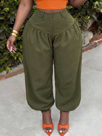 Slaydiva 春夏优雅通勤休闲装，生日派对、毕业典礼、学生装、日常外出、百搭单品、休闲度假、邮轮旅行、海滩、日光浴、潮流单品、商务休闲、简约休闲度假外出女式长款褶皱灯笼裤，军绿色