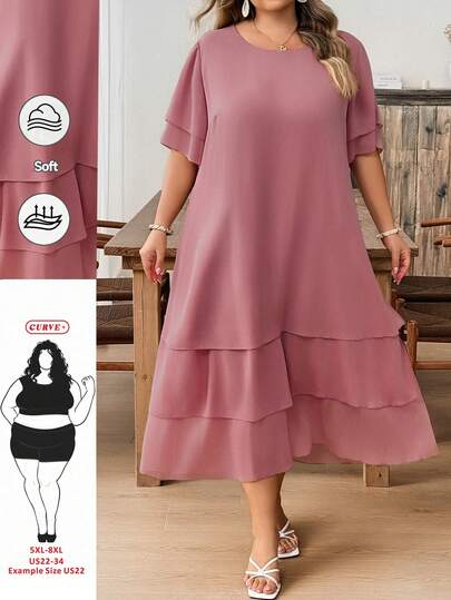 SHEIN CURVE+ Plus Size Casual Vacation Dress, Round Neck Asymmetric Flowy Hem, Bohemian Style, Suitable For Summer Holiday Wear