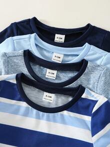SHEIN Set de 4 camisetas de manga corta a rayas casuales y lindas para bebés niños y niñas, ropa de verano para bebé, tops cortos - Azul - Ver 5