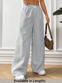 SHEIN PETITE CURVE 大码女式条纹休闲百搭阔腿裤，适合日常穿着 - 灰色 - 查看 1