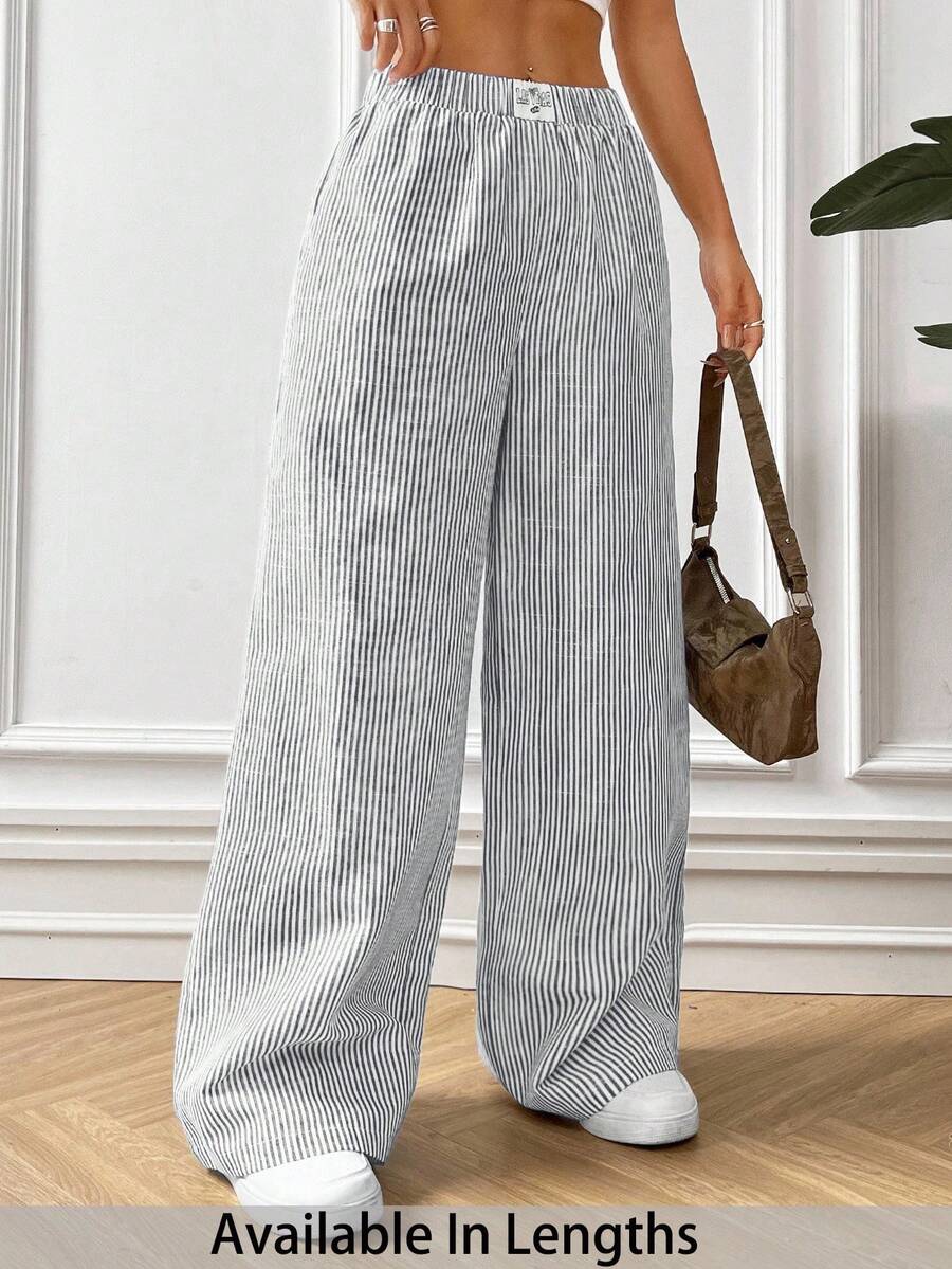 SHEIN PETITE CURVE 大码女式条纹休闲百搭阔腿裤，适合日常穿着 - 灰色 - 查看 1