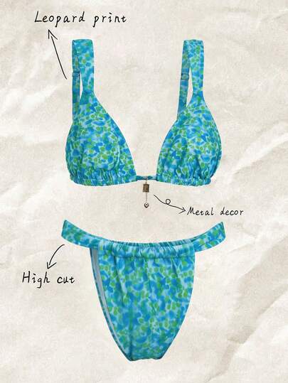 Elavelle Bộ đồ bơi nữ cỡ lớn 2 món gợi cảm họa tiết da báo, thiết kế cúp ngực tam giác với dây đeo rộng, trang trí mặt dây chuyền vàng, quần bơi ống rộng in họa tiết đồng bộ, thích hợp cho kỳ nghỉ biển.