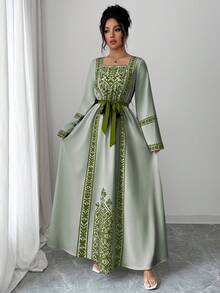 Yasmyna Women's Elegant Square Collar Flare Sleeve Cinched Waist Vintage Dress - Multicolor - View 6