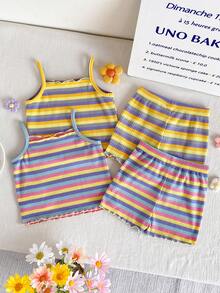 Cozy Pixies Bộ 4 món cho bé gái, áo hai dây và quần short dệt kim kẻ sọc kiểu dáng thường ngày. - Nhiều màu - Xem 2