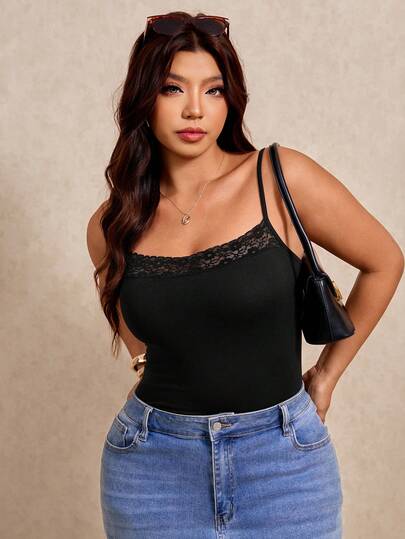 Elaquor 大码吊带背心，方领吊带衫，黑色吊带衫，性感方领上衣，黑色上衣，撞色蕾丝边吊带背心
