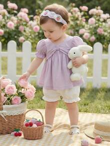 Souflis Souflis 法国夏季新款薰衣草色精致面料大蝴蝶结领无袖上衣搭配可爱灯笼裤，适合居家、玩耍、购物等各种场合，婴儿及女婴套装 - 淡紫色 - 查看 4