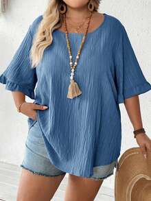 SHEIN CURVE+ Damen Große Größen Khaki Bluse, Rüschen Kurzarm Locker Saum Lässig Urlaubskleid, Strandoutfit für Frauen/Strandkleid/Strandurlaub Outfits/Strandutensilien/Abschlussfeier/Tea Party Kleid, Sommer/Land/Strandurlaub Outfits/Strandoutfits/Strandmode - Königsblau - Übersicht 6