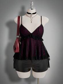 SHEIN ICON 大码女式植物印花荷叶边吊带背心，适合度假和锐舞派对穿着 - 黑色 - 查看 2