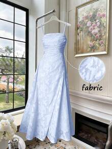 Elenzga Đầm chữ A không tay, xếp ly, chất liệu chiffon hai lớp dệt jacquard, thiết kế thắt eo, màu hồng nhạt, thanh lịch và lãng mạn, thích hợp cho kỳ nghỉ hè và mùa cưới. - Màu xanh lam - Xem 1