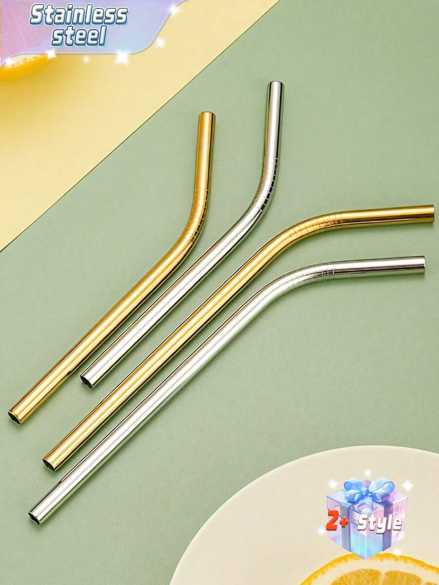 8 Stücke Edelstahl Strohhalme & 2 Stücke Reinigungsbürsten & 1 Stück Aufbewahrungstasche Set, Küche, Weihnachtsgeschenk, Schulmaterial - Gold - Übersicht 1