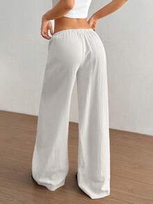 Flirla Pantalones rectos de cintura súper baja de algodón orgánico casual para mujer - Blanco - Ver 2