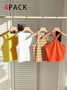 SHEIN Genkimix Kids 女童条纹印花+纯色夏季休闲背心 - 彩色 - 查看 3