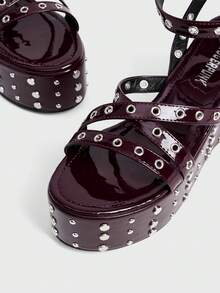 Sugerpunk Giày sandal đế cao, gót đính kim tuyến, khóa cài nhọn dành cho nữ. - Màu Đỏ Sâu - Xem 4