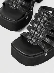ROMWE Grunge Punk Giày sandal cao gót nữ ~ Sandal cao gót trong suốt có đế chống thấm nước, thích hợp cho mùa xuân hè 2026, kiểu mũi vuông, hở mũi, thanh lịch, giày mùa hè. - màu đen - Xem 2