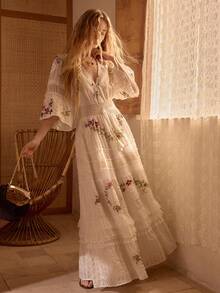MOTF STUDIO WOMEN'S TENCEL LINEN EMBROIDERED PATCHWORK LONG VACATION DRESS, SPRING/SUMMER - Beige - View 7