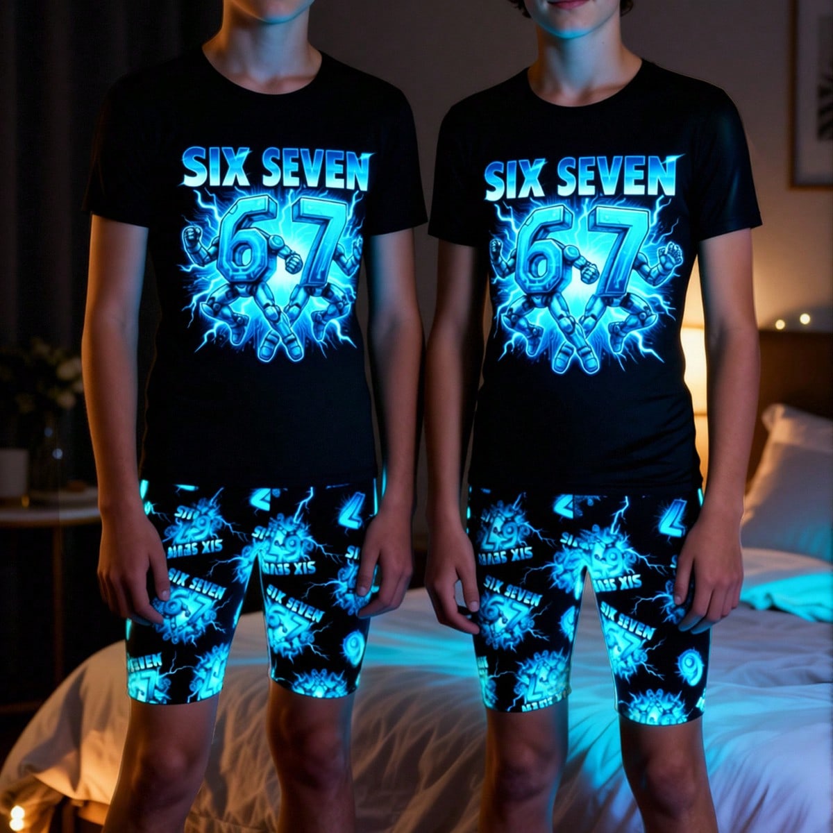 Conjunto de pijama de 2 piezas para niños preadolescentes con estampado gráfico que brilla en la oscuridad, incluye top de manga corta y pantalones