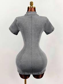 Mistrie Women's Denim Dress With High Slit - Light Grey - View 2