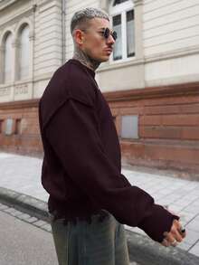 Artur Kramer ANDREILEE 秋冬男女通用街头风极简长袖圆领套头毛衣，宽松舒适针织上衣，饰有流苏和做旧细节 - 酒紅色 - 查看 4