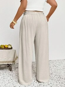 SHEIN PETITE CURVE 大码女式休闲时尚裤，假日休闲风，夏季长裤 - 杏色 - 查看 2