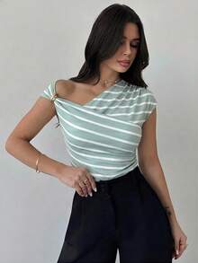 Firerie T-shirt blanc moulant pour femmes avec épaule asymétrique, drapé et taille froncée, modeste et élégant, pour le quotidien, le trajet, la plage, l'aéroport, les vacances, les enseignantes, top d'été - Vert - Voir 3