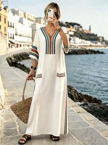 Balvessa Women's Casual V-Neck Loose Long Dress - Multicolor - View 4