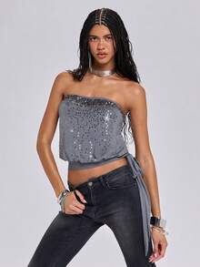 Summer Y2K Retro Sexy Crop Top With Sequin Embroidery, Side Slit Drawstring Waist, For Women - Grey - View 6