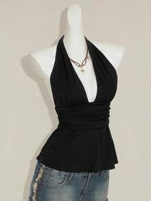SHEIN PETITE CURVE قميص كاميسول صيفي مريح للنساء ذوات الأحجام الكبيرة، بلون أحادي، مطوي الخصر، ظهر مكشوف، رباط أمامي - الأسود - مشاهدة 8