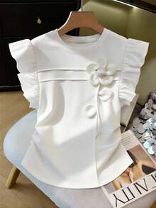 Elladie kids Tween Girls' Elegant Casual Versatile 3D Floral Ruffle Sleeveless Round Neck T-Shirt, Summer - White - View 2