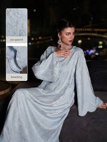 Al Najma Áo Abaya Thổ Nhĩ Kỳ và áo choàng truyền thống Ả Rập tay dài màu hồng dệt jacquard đính hạt cườm sang trọng dành cho nữ mùa xuân/hè. - Màu xanh lam - Xem 1