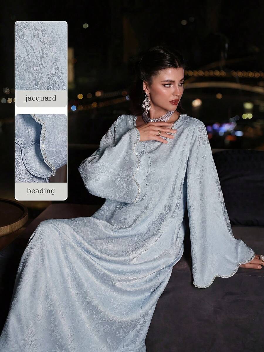 Al Najma Áo Abaya Thổ Nhĩ Kỳ và áo choàng truyền thống Ả Rập tay dài màu hồng dệt jacquard đính hạt cườm sang trọng dành cho nữ mùa xuân/hè. - Màu xanh lam - Xem 1