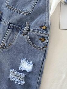 Quần yếm denim dáng rộng màu xanh nhạt rách rưới dành cho bé trai. - Rửa nhẹ - Xem 4