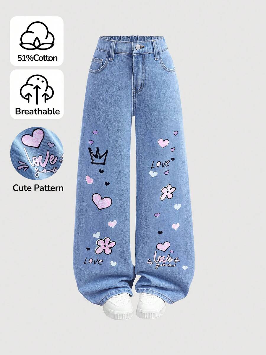 SHEIN Girlism 少女时尚返校街头风混搭百搭设计 Y2K 复古酷炫街头可爱精致粉色卡通心形皇冠涂鸦图案蓝色宽松舒适牛仔裤，适合少女日常穿着，也适合春夏派对、节日和街头服饰。 - 藍色 - 查看 1