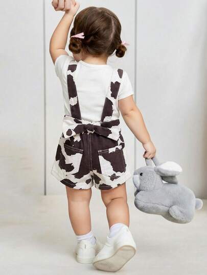 Baby Girls' Loose Fit Denim Overalls With Cow Print & Big Bow Decor At Back Waist