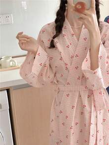 女士休闲长袖浴袍格子樱桃印花家居服睡衣套装，柔软轻盈，适合女士穿着，可爱粉蓝格子睡袍，晨间日常和服式家居服，春秋季时尚优雅，美拉德风格，宽松舒适，是馈赠佳品。 - 粉紅格子櫻桃 - 查看 6