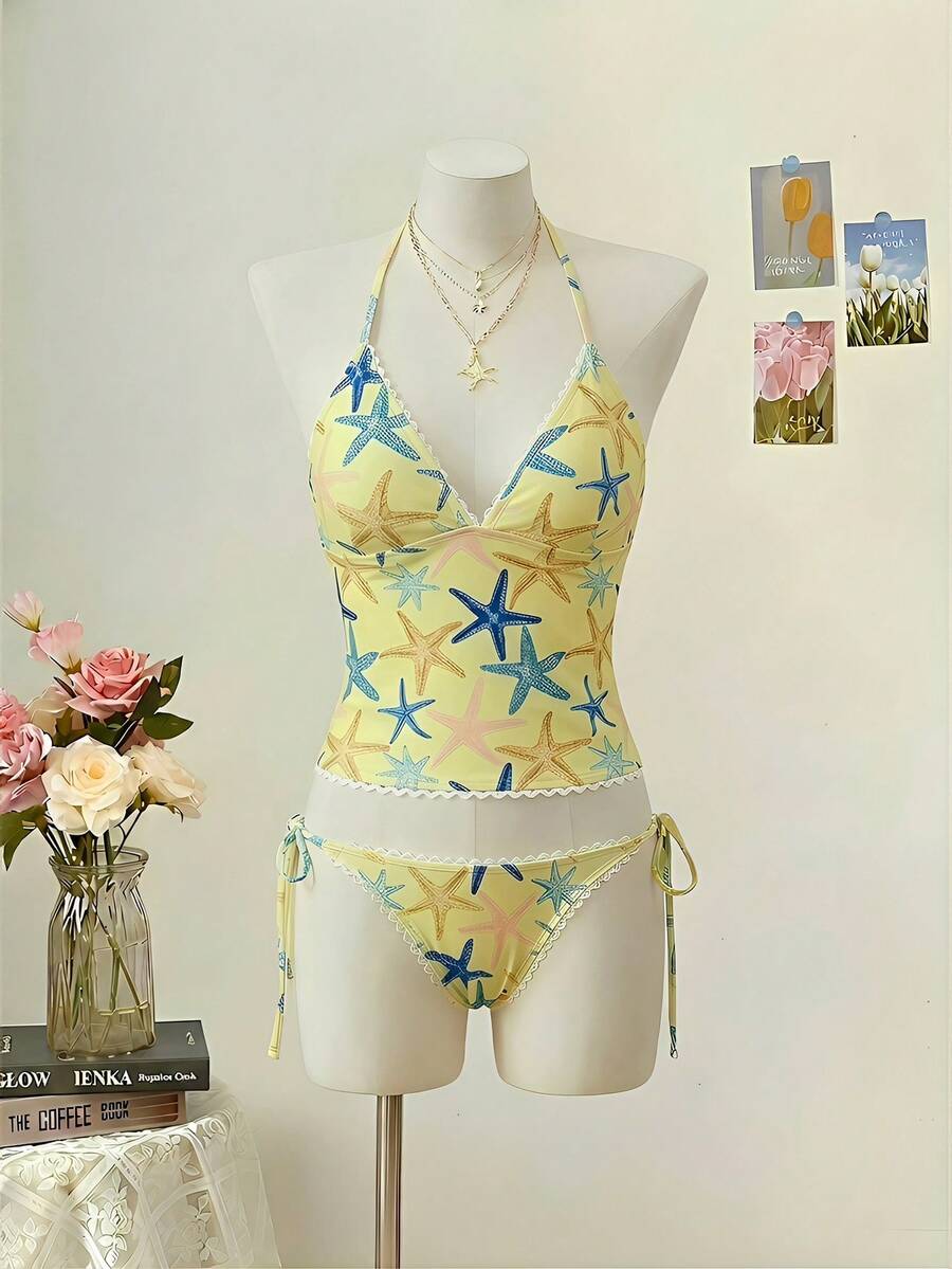 SHEIN MOD Slimming Refreshing Starfish Print Ripple Ruffle Women Swimwear Set Summer Beach Outfit Vacation Bikini Bathing Suits - Light Yellow - View 1