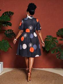 Maweii Plus Size Women Circular Print Casual Pleated Bust Short Sleeve Open Front A-Line Dress - Multicolor - View 2