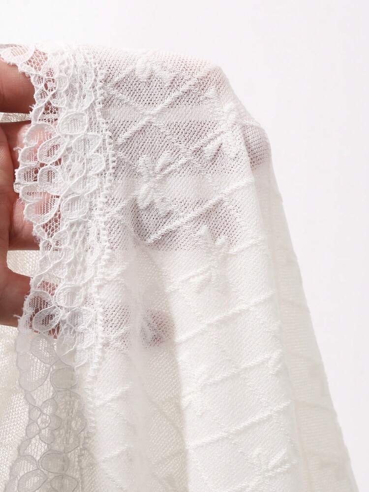 Dazy Plus Spring & Summer Hollow Lace Mesh Patchwork Elegant Slim Fit Blouse, Sheer Floral Trim Flare Sleeve Cardigan For Party, Wedding, Commute, Plus Size