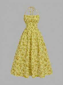 Skyraze Women's Fashion Vacation Casual All-Over Print Halter Backless Waist Cinched Dress - Pale Yellow - View 5