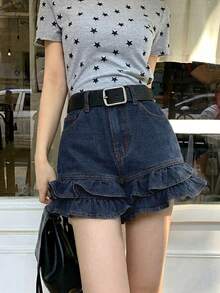DAZY Quần short denim màu xám kiểu vintage cho nữ, có bèo nhún ở gấu quần, phong cách Hàn Quốc. - Màu xanh lam - Xem 5