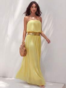 SHEIN Glamour 女士优雅派对礼服，黄色雪纺面料，饰以串珠拼接，派对服饰 - 黃色 - 查看 1