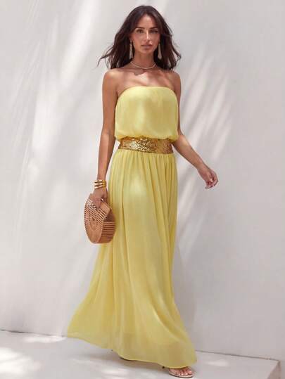 SHEIN Glamour Đầm dự tiệc thanh lịch dành cho nữ, chất liệu chiffon màu vàng dệt họa tiết đính cườm, thích hợp mặc đi dự tiệc.