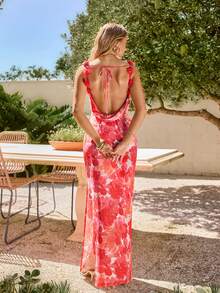 KARISMINA Women's Pink And White Floral 3D Flower Spaghetti Strap Backless Maxi Dress Summer Tropical Garden Party Vacation Chiffon Beachwear Wedding Guest Boho - Pink - View 7