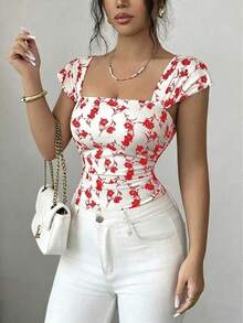 Elenzga Áo liền thân nữ cổ vuông tay ngắn họa tiết hoa, dáng chữ A, xếp ly eo, hàng mới về, thanh lịch cho hẹn hò, du lịch, giúp tôn dáng. - Đỏ - Xem 5