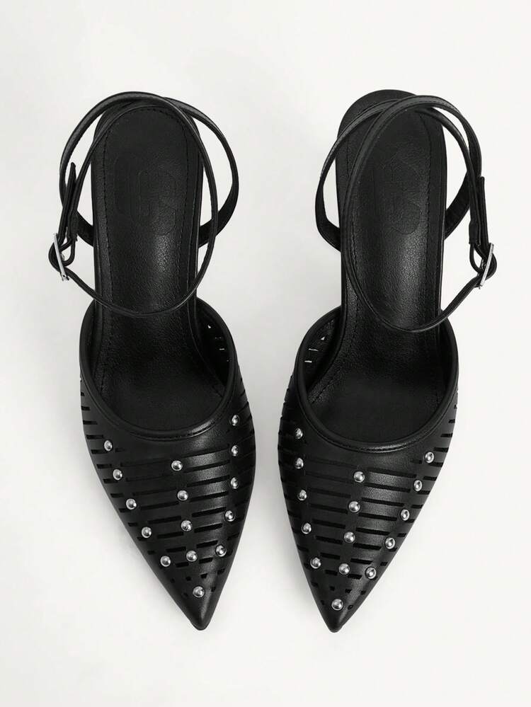 CUCCOO CHICEST Women Shoes Temperament Black Spikes High Heels Women Thick Heel Pointed Hollow Half Drag Versatile Outer Wear Single Shoes