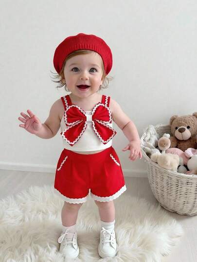 Souflis Souflis 两件套女婴杏色吊带背心，荷叶边蝴蝶结装饰，短裤套装，时尚甜美夏季风格