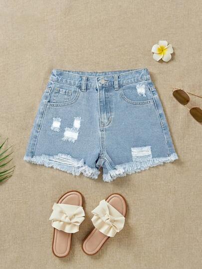 SHEIN Tween Girls Summer Boho Casual Solid Washed Hight Waist Solid Washed Ripped Denim Jeans Shorts With Frayed Hem And Distressed Pockets,Girls Summer Beach Vacation Baggy Shorts Outfit,Summer Concert Festival Causal Rave Outfits, Girls Summer Brunch Graduation Outfits