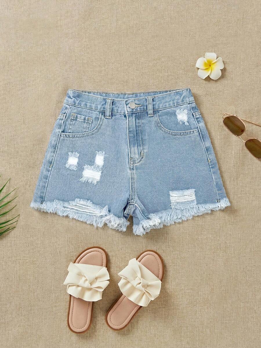 SHEIN Tween Girl Summer Boho Casual Solid Washed High Waist Solid Washed Ripped Denim Shorts With Frayed Hem And Distressed Pockets, Girls Summer Beach Vacation Baggy Shorts - Light Wash - View 1