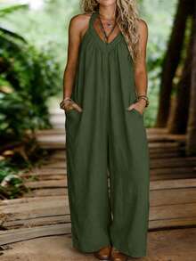 Zayélia Women's V-Neck Sleeveless Linen-Like Jumpsuit With Pockets - Army Green - View 1